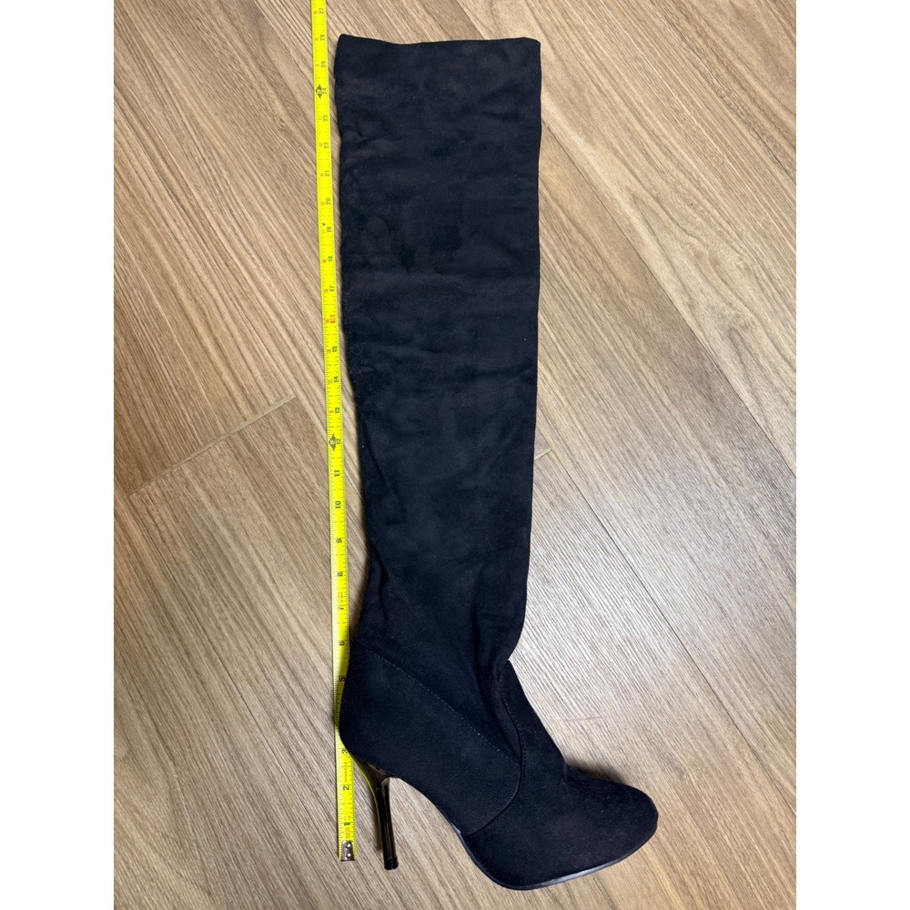 Black Faux Suede Thigh High Stiletto Boots Chrome Heel Almond Toe Size 6.5